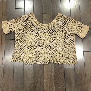 Short Sleeve Crochet Crop Top Festival Sweater - Beige - Size Small